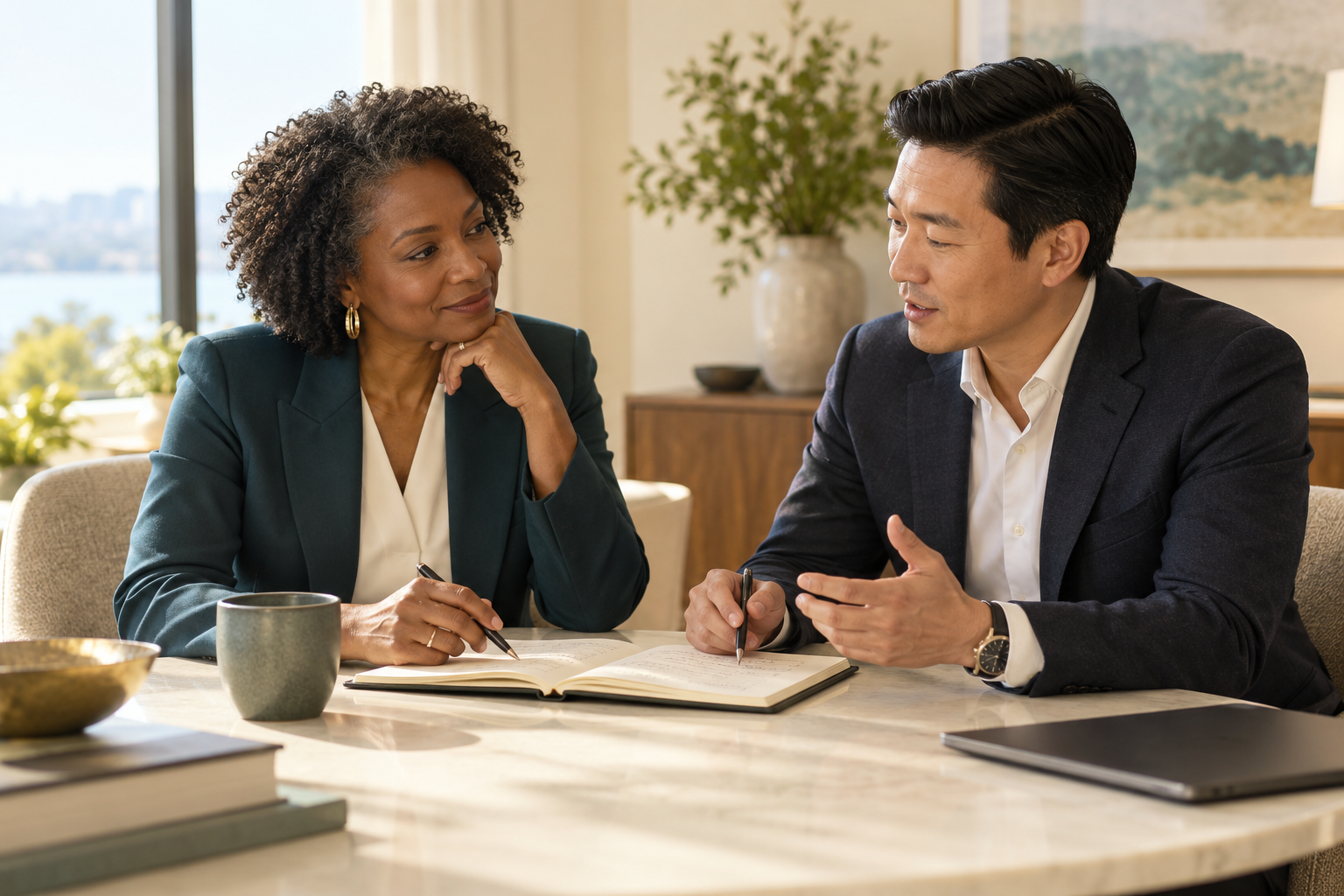 A woman and man in an attentive executive coaching conversation