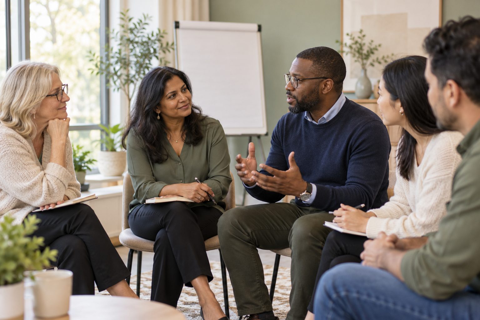 A diverse group of women and men sharing perspectives in a facilitated learning session
